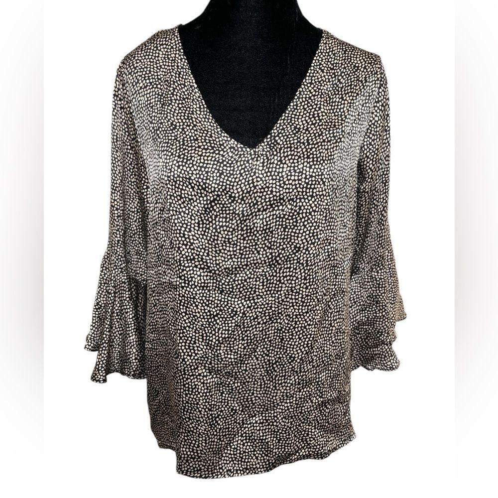 La Roque 100% Silk Blouse Size Large Gold Black Polka Dot Bell Flutter Top